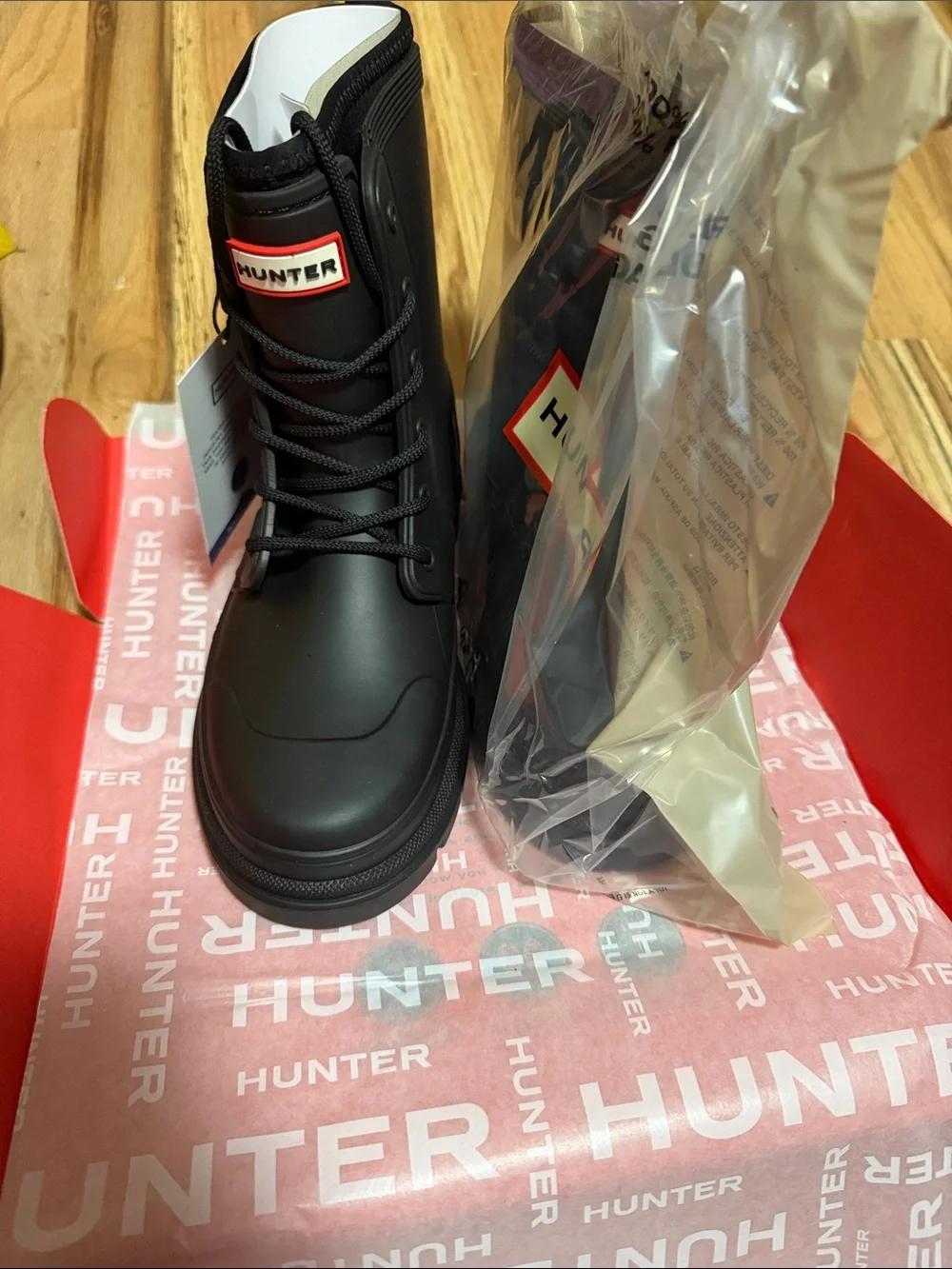 Hunter Big Kids Black Lace-Up Combat Rain Boots Size 5 Brand New